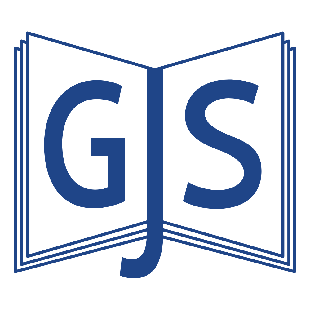 Spodní logo webu Gymnázia J. Seiferta, kniha s textem GJS